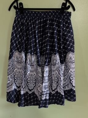 Vintage Women's Navy Blue A-Line Printed Elastic Waist Skirt